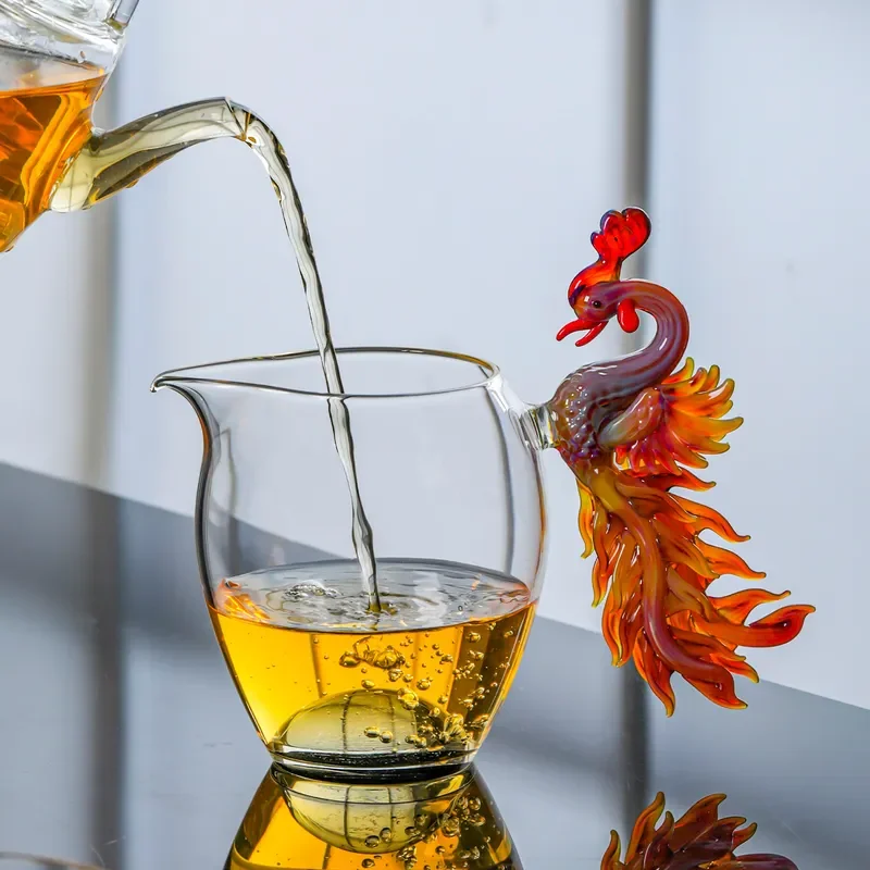 Handmade Glass Gongfu Tea Set Phoenix Side Handle Fair Cup High End Kung Fu Tea Ware Moisture Resistant Heavy Industry Style