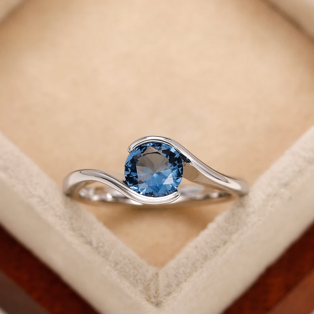 Huitan luksusowe pierścionki damskie Solitaire Band z niebieską cyrkonią sześcienną proste i eleganckie obrączki ślubne dla nowożeńców 2022 modna biżuteria — zdjęcie 4