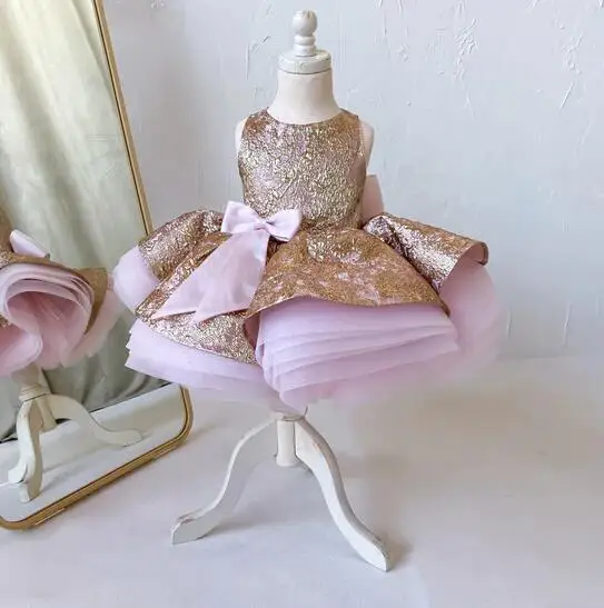 Vestido de fiesta de cumpleaños para niños, cuello redondo, princesa, tutú, hasta la rodilla, personalizado, hecho a mano, nuevo