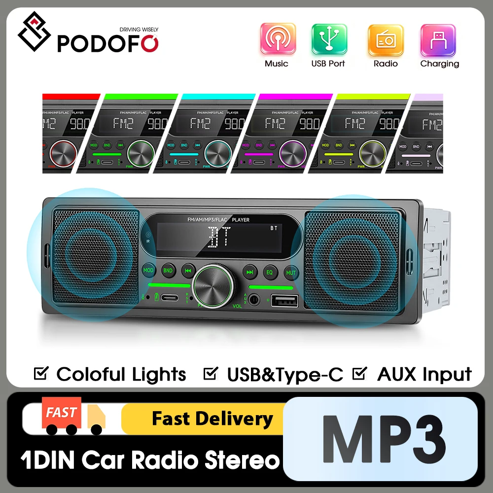 Podofo 1DIN In-Dash Autoradios mit Dual-Bluetooth-Funktion, Audio-Musik-Stereo, USB/SD/AUX-IN, FM/AM-Empfänger, Autoradio, MP3-Player, 12V