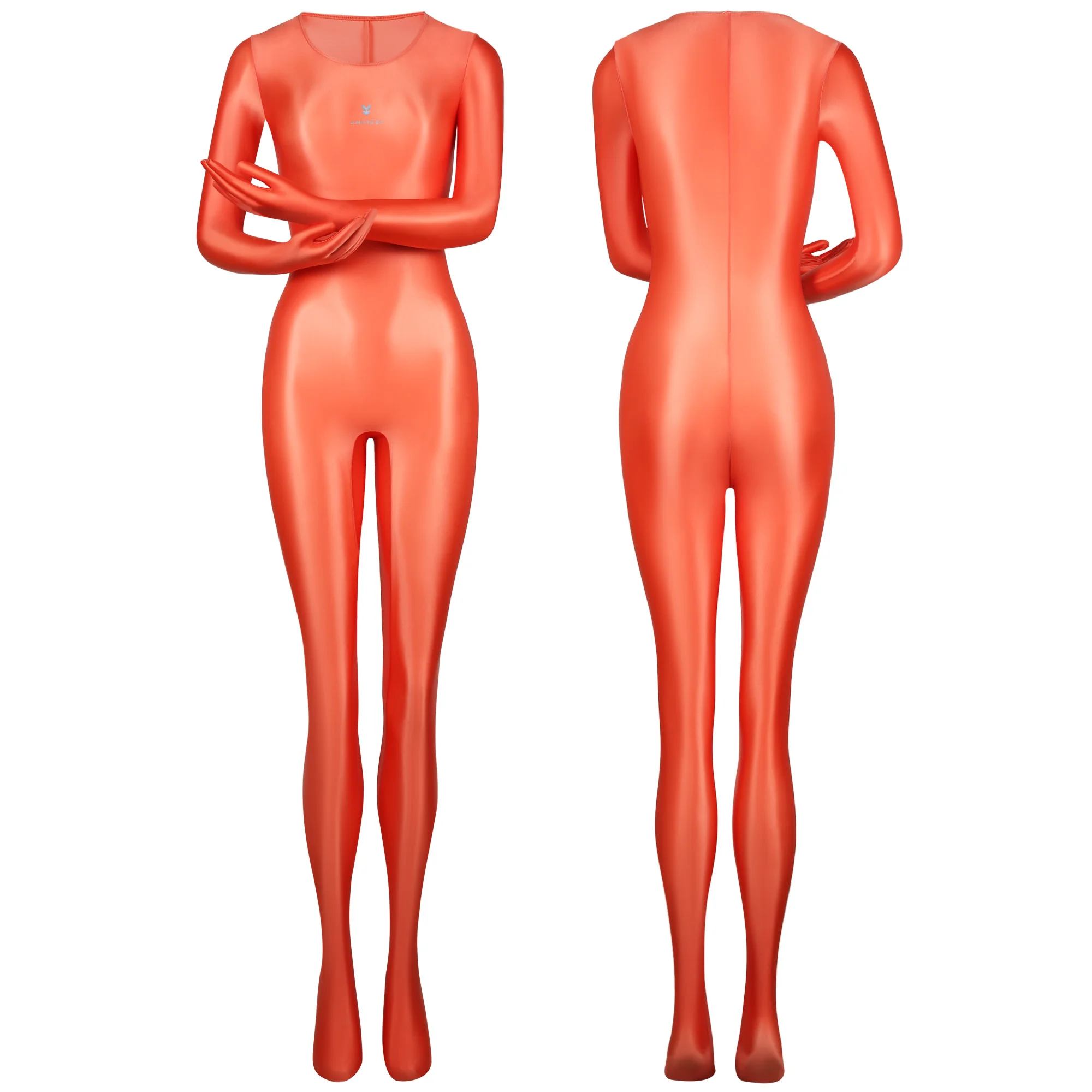 AMORESY dünner, glänzender, ölig glatter, farbenfroher Ganzkörper-Jumpsuit, einfarbig, Rundhalsausschnitt mit Handschuhen, lange Ärmel, Strumpfhose – Detail 16
