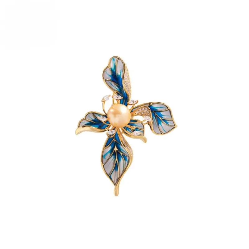 Broche de pérola com folha azul flor vintage