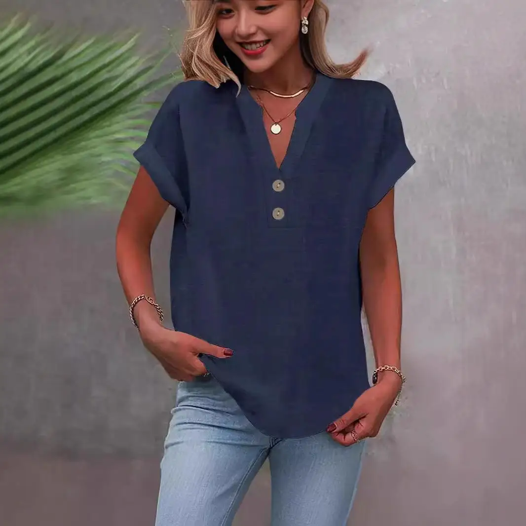ياقة واقفة للنساء ort Sve irt مزيج القطن الرقيق جرس Sve نسيج البوليستر الصيف Faion السيدات irt