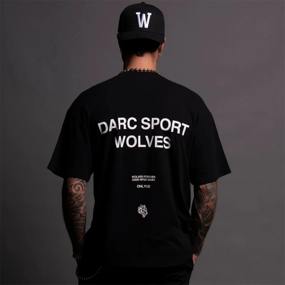 US SIZE WOLVES Men Letter Simple Print Cotton T Shirt Men T Shirts Hip Hop Casual Tops Tees Summer Vintage T Shirts Black Tops