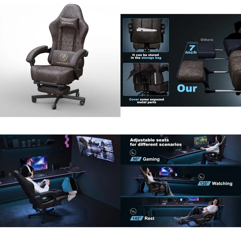 كرسي ألعاب جلدي مسامي مع وسادة زنبركية للجيب، كرسي مكتب مريح عالي الظهر مع مسند للرأس، مثالي للكمبيوتر #1