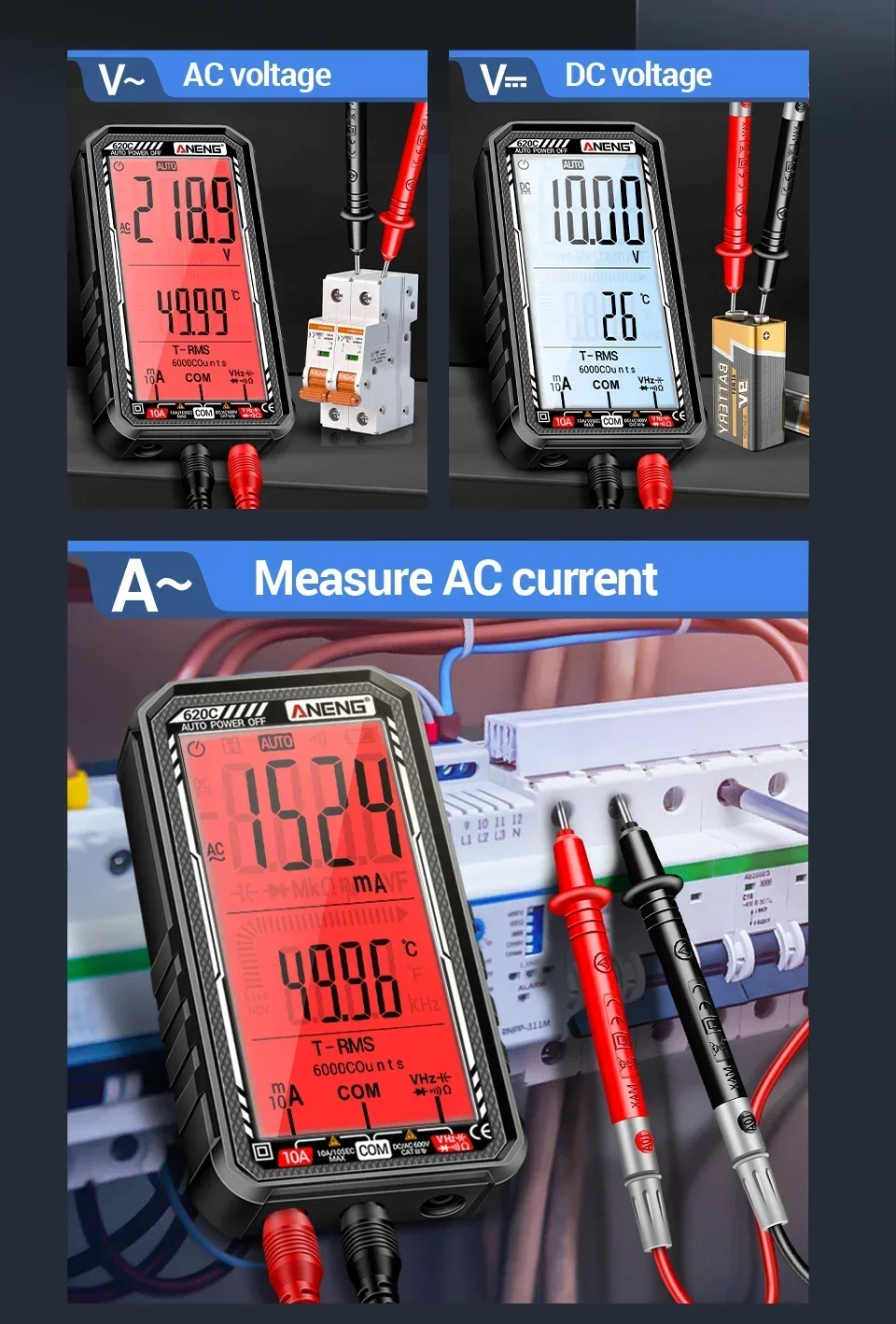 ANENG 620C/621A Digitales Multimeter AC/DC Spannungs- und Strommessgerät 6000 Anzeigen NCV Temperatur Kapazität Widerstand Frequenz ﻿ – Detail 10