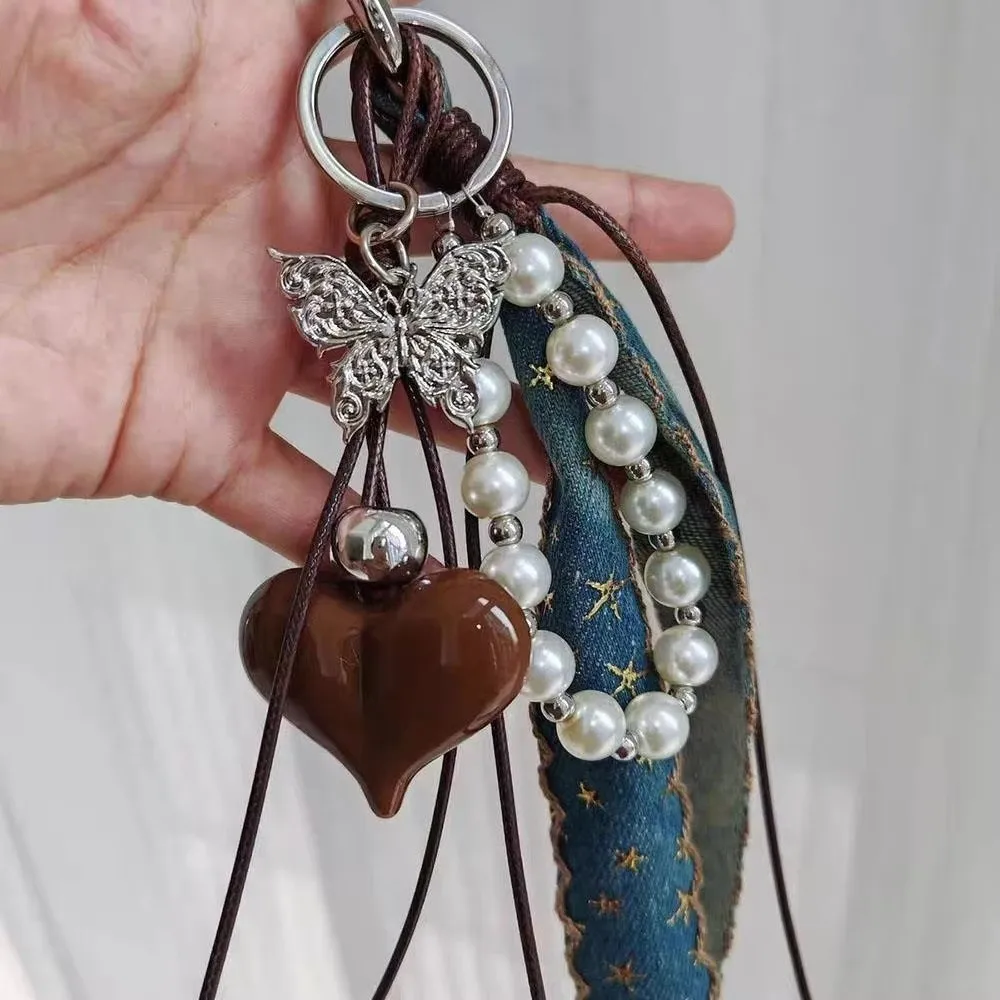 Y2K Style Pearl Bag Pendant Cowboy Ribbon DIY Keyring Anti-lost Key Chain Fashion Accessories