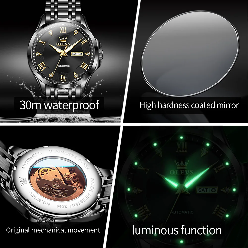 OLEVS Couple Wristwatch Stainless Steel Waterproof Auto Date Luxury Business Automatic Mechanical Watches for Men And Women 6702