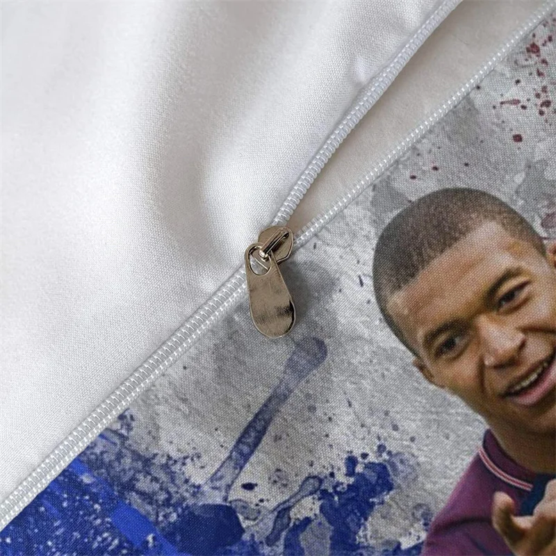 Juego de cama Soccer Star Kylian Mbappe, 3 piezas, funda nórdica con temática de dibujos animados, material de microfibra transpirable y fundas de almohada de regalo