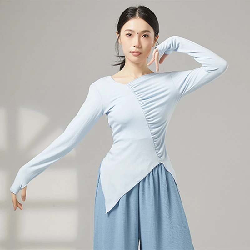 Modern Dance Top Women Long Thumb Finger Sleeve Shirt Chic Pleat Irregular Slit Hem Performance Line Practice Clothes Yoga Tops