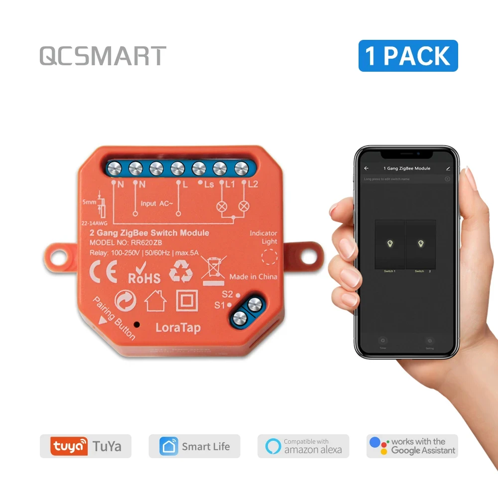 ZigBee 2 Gang Switch Relay Module Works with Tuya Smart Life Google Home Alexa App Timer Light Switch Home Automation MQTT