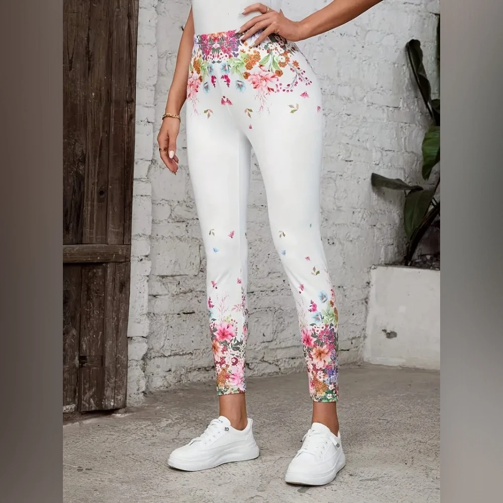 Plant-flower print elastic elastic waist slim-fit leggings for women