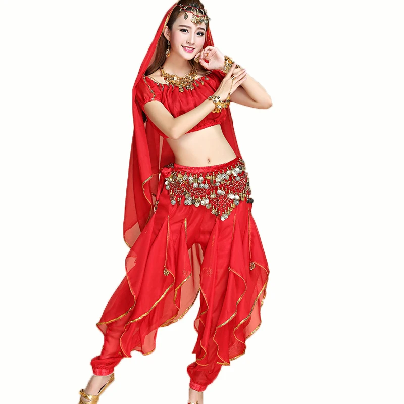 Nuevo conjunto de ropa de danza del vientre, vestido de actuación, danza india, conjunto de práctica de danza étnica, traje de pantalones giratorios de manga corta para mujer