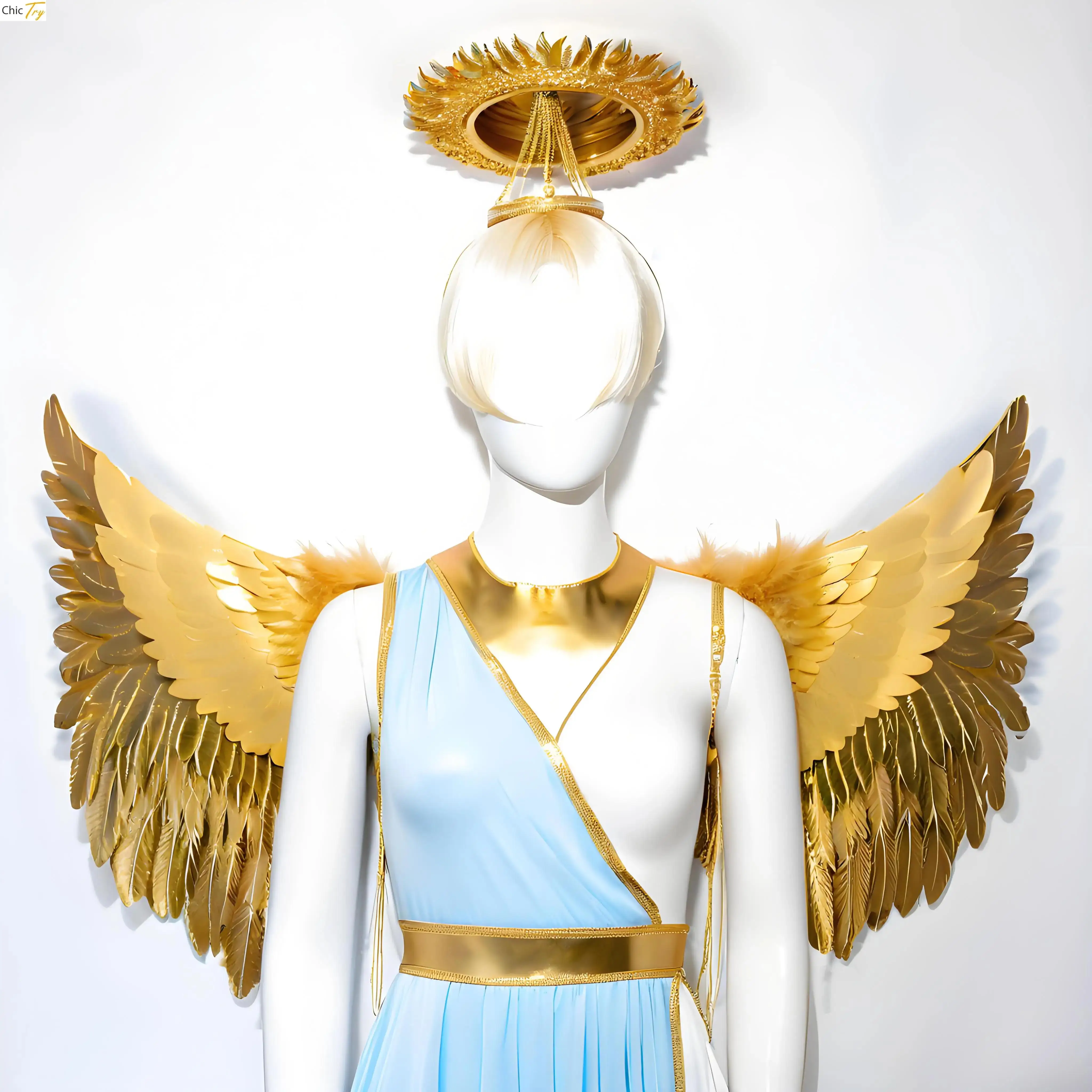 Halloween Show Photography Props Golden Angel Feather Wing Metallic Silk Princess Wing Headband Model Catwalk Stage Show Costume