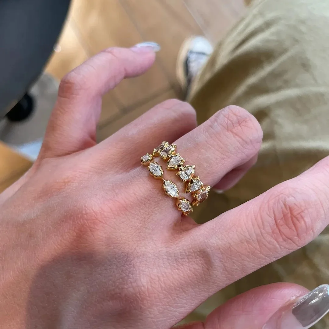 S925 sterling silver ring retro simple high carbon diamond high sense irregular edge row diamond stack wearing tail ring woman