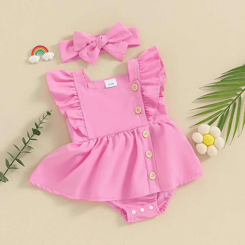 Romper com mangas babados para menina, vestido de cor sólida com bandana para recém-nascido, roupas de verão