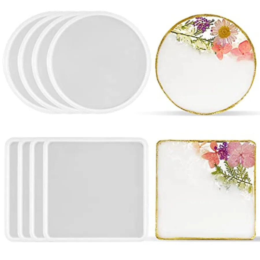 

8 Pack Thick 4 inches Resin Coaster Molds Set, 4 Pack Round Coaster Silicone Molds + 4 Pack Square Coaster Resin Mold, Coaster