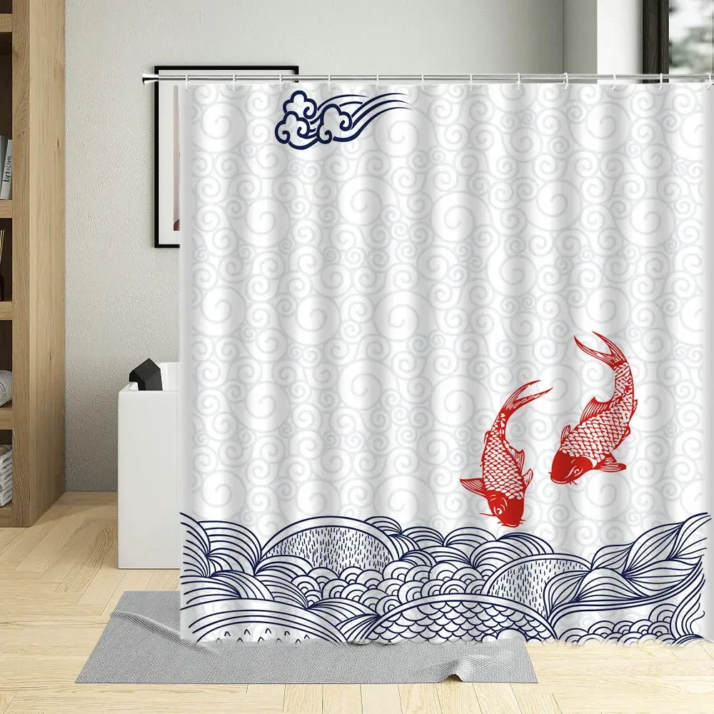 Chinese Style Goldfish Shower Curtain Set Koi Fish Watercolor Waves Wall Decorate White Cloth Bathroom Curtains Polyester Fabric