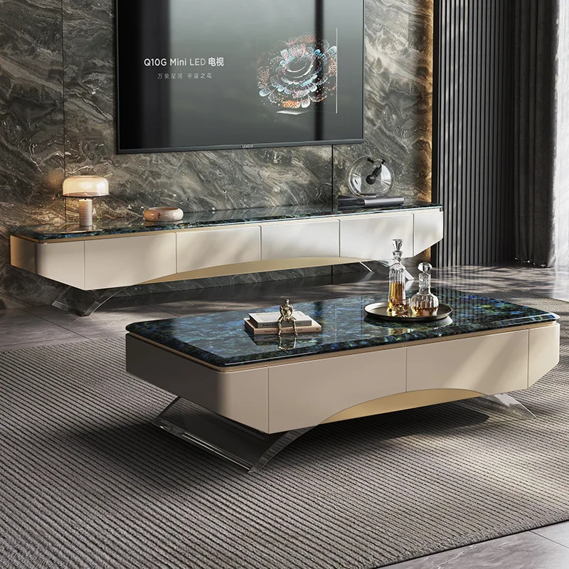 

Natural marble blue jadeite horse belly shape coffee table TV cabinet combination light luxury suspended living room coffee tabl