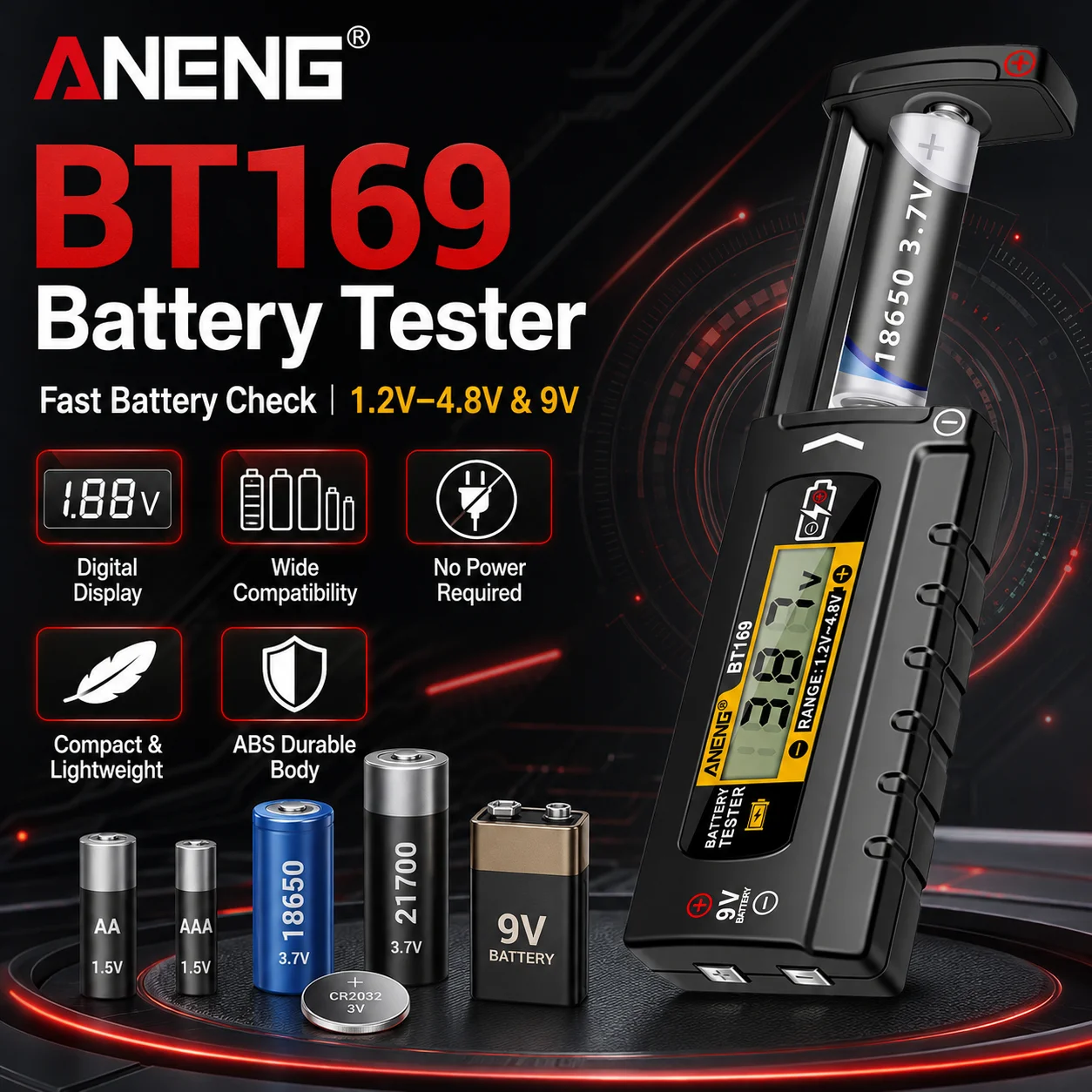Detector de Baterías ANENG BT169 para Pilas AA/AAA/C/D/9V/1.5V, Multifuncional, Digital, Medición Rápida de Pilas de Botón