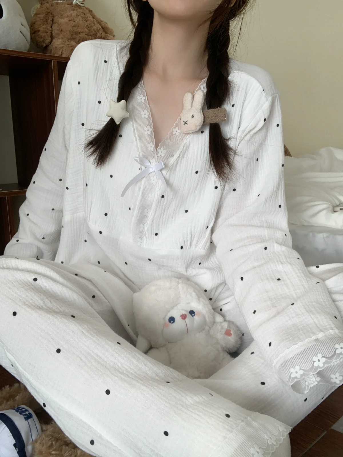 100% Pure Cotton Polka Dot Lace Trim Cotton Gauze Long Sleeve Pajamas for Women Spring Autumn 2025 New Casual Homewear Set