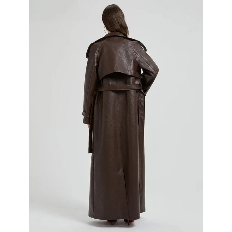 QICHE 2026 Spring Autumn Women Extra Long Brown PU Trench Coat European Runway Fashion Luxury Chic Overcoat With Sashes