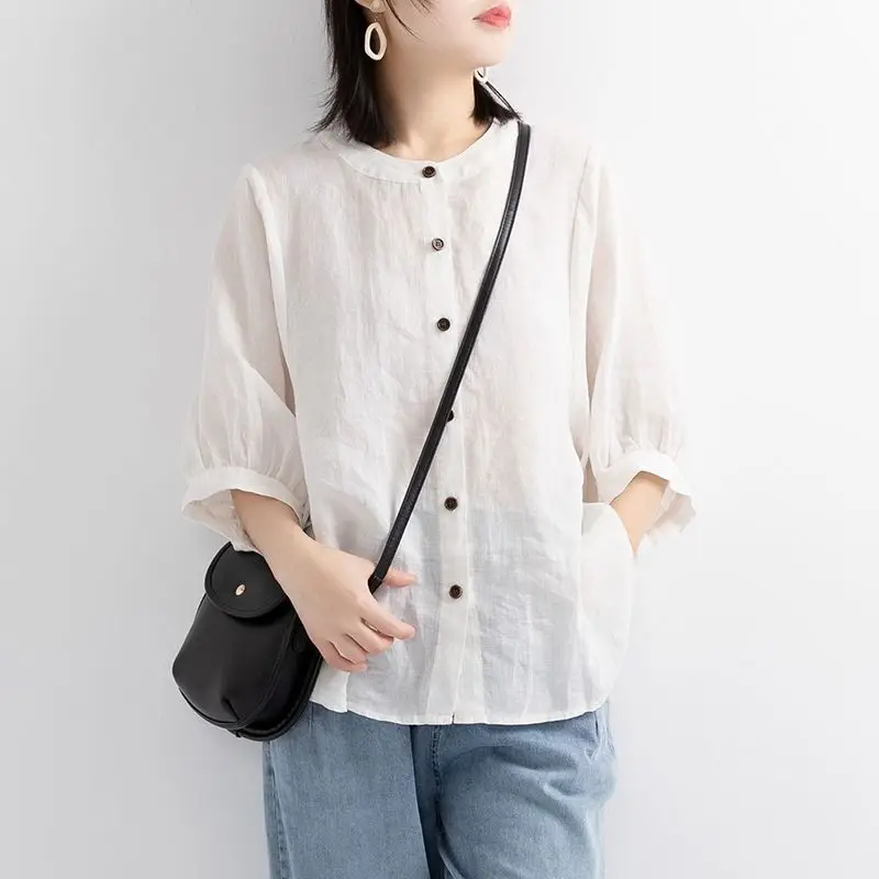 Women's Summer Fashion Simplicity Solid Color Polo Collar Lantern Sleeve Shirts Women Clothes Casual Loose All-match Tops