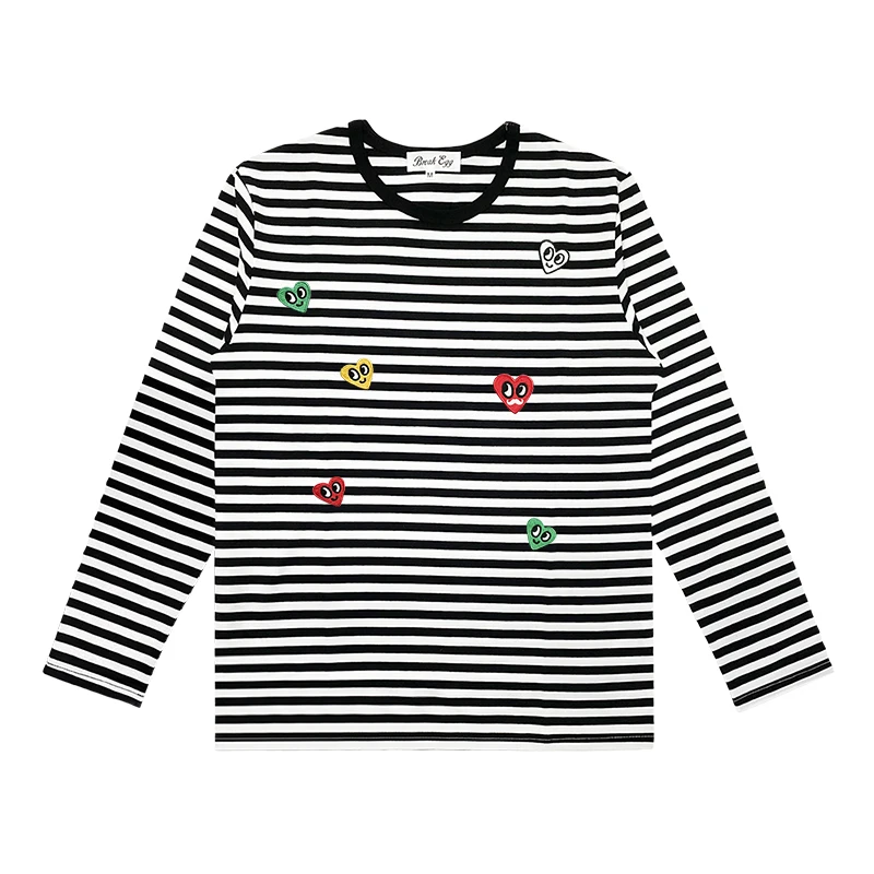 Frauen O Hals Langarm T Shirt Baumwolle Gestreiften 3D Rot Bunte Herz Stickerei Gerade Fit Casual Top für Frühling Herbst