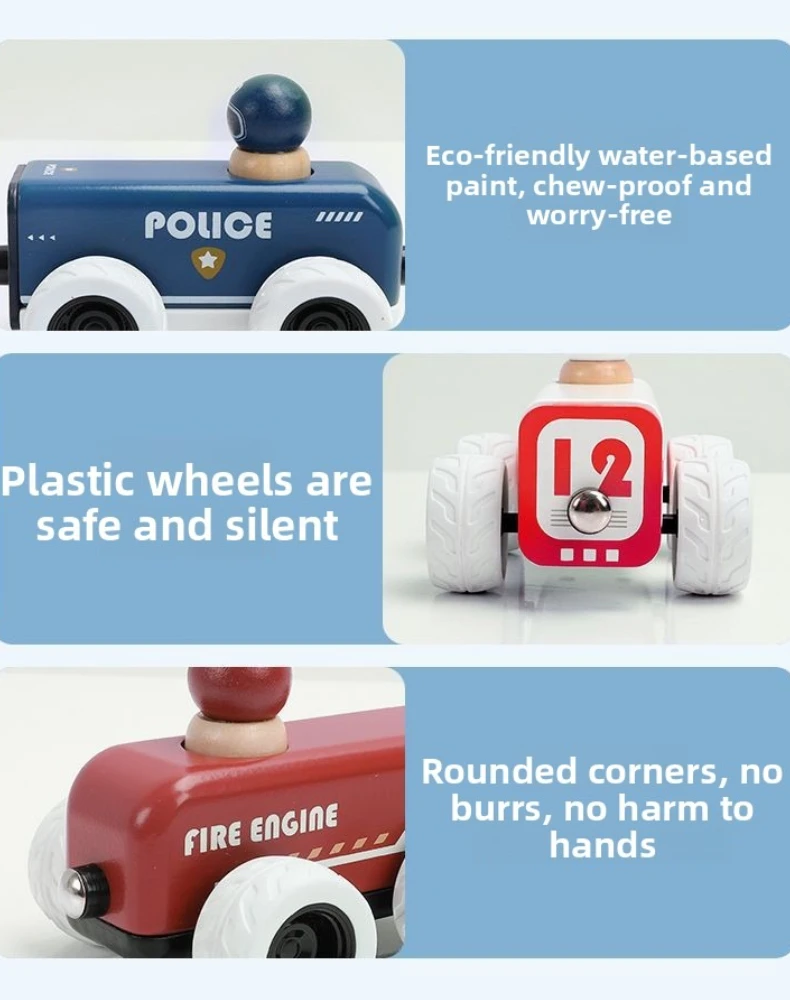 Giocattoli educativi in legno per bambini Personaggio Cognizione Fuoco Auto della polizia Ambulanza Auto da tirare in legno Celebrazione di compleanno