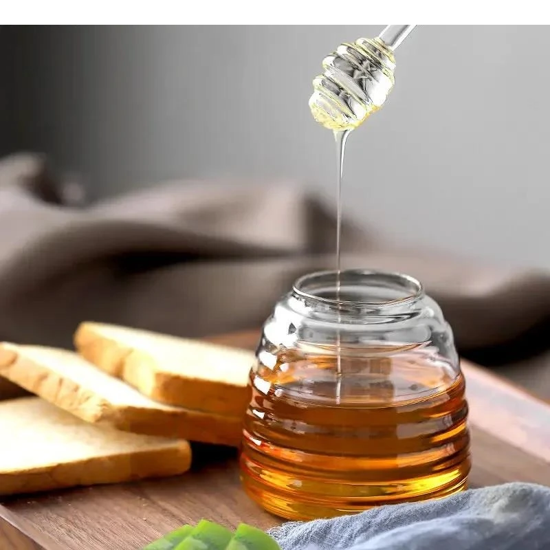 Glass Honey Jar with Lid Transparent Jam Striped Bottle Home Kitchen Storage Container Mixing Rod