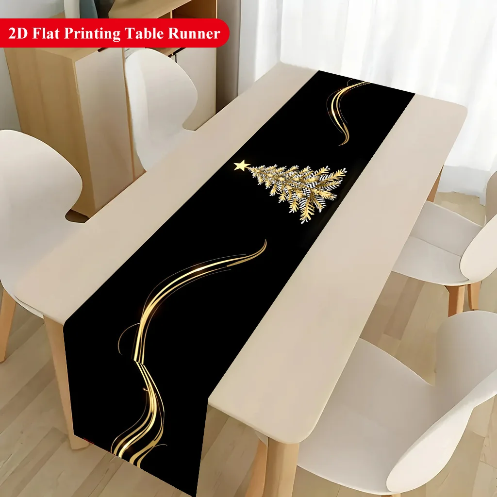 Christmas Tree Golden Lights Table Runner - Holiday Season Party Dining Room Table Flag Home Desktop Decoration
