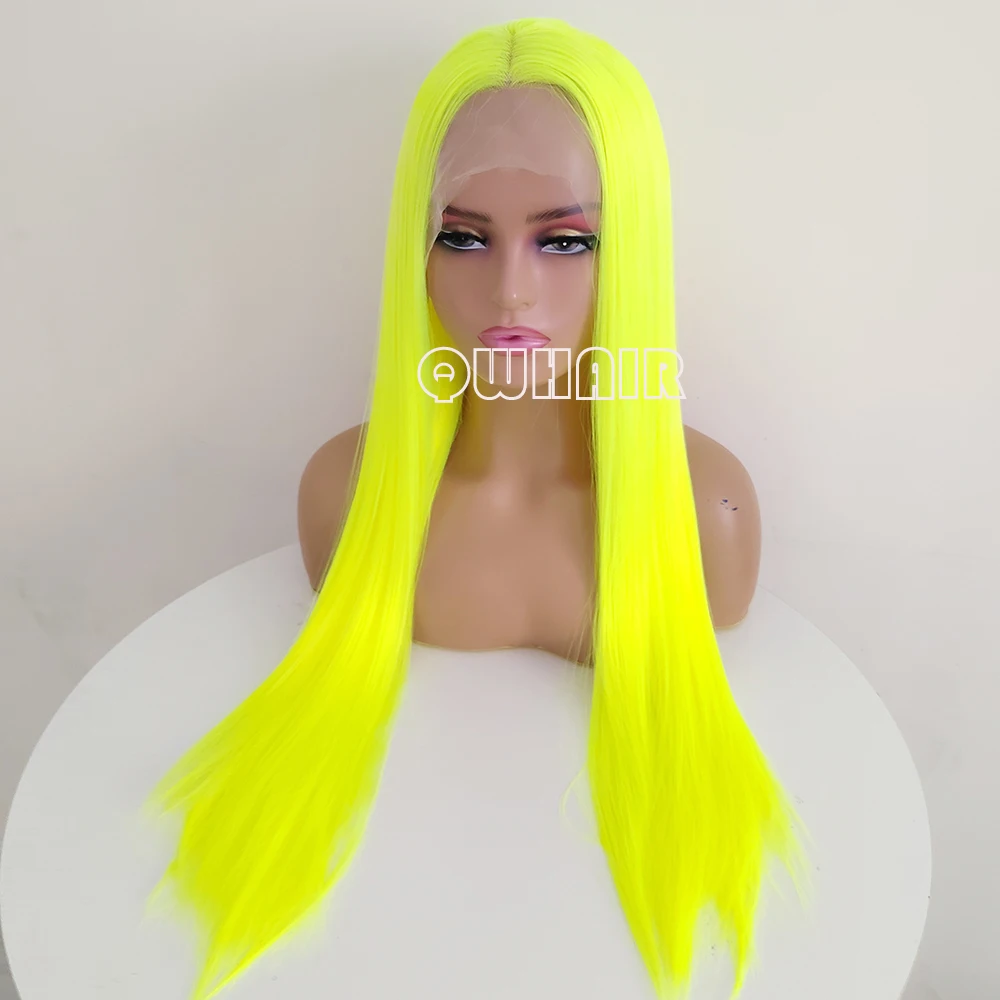 QW Synthetic Hair Yellow Straight 13X4 Lace Front Wigs for Women  Frontal Wigs  Glueless Heat Resistant Fiber Party Cosplay