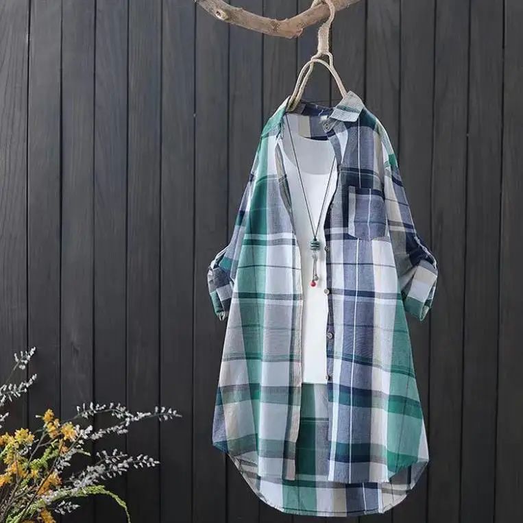 

Women's Checkered Shirt Long Sleeve Commuter Style Outerwear Plaid Patterned Durable Fabric Winter Collection Fish Net Design