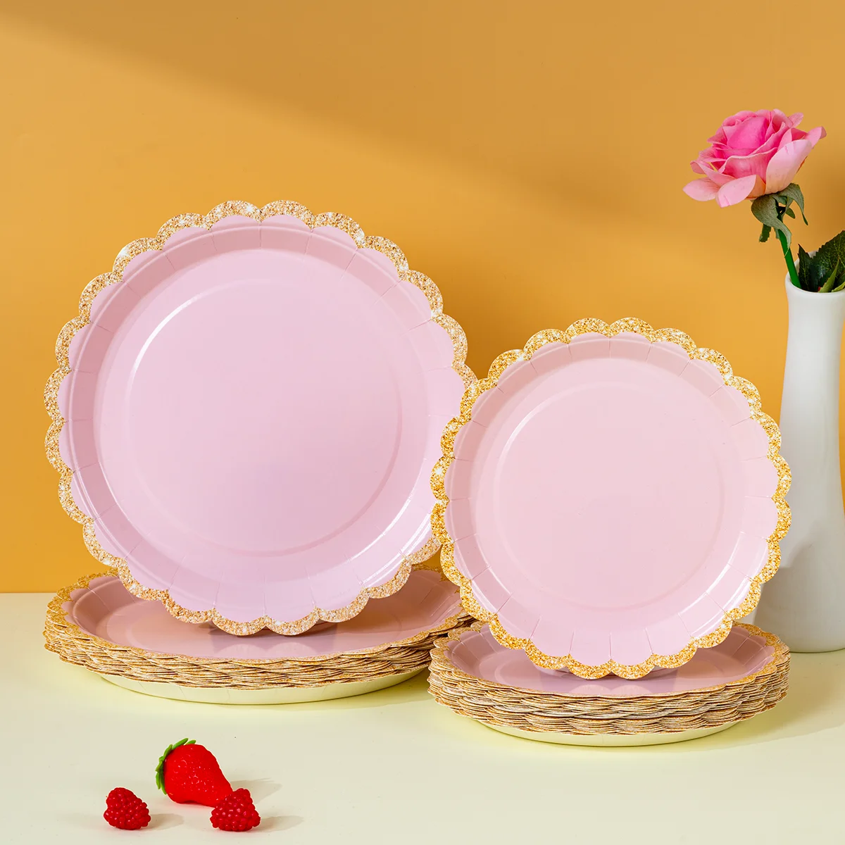 10/25/50pcs Disposable Pink Paper Plates with Gold Lace Scalloped Edge for Party Wedding Tableware