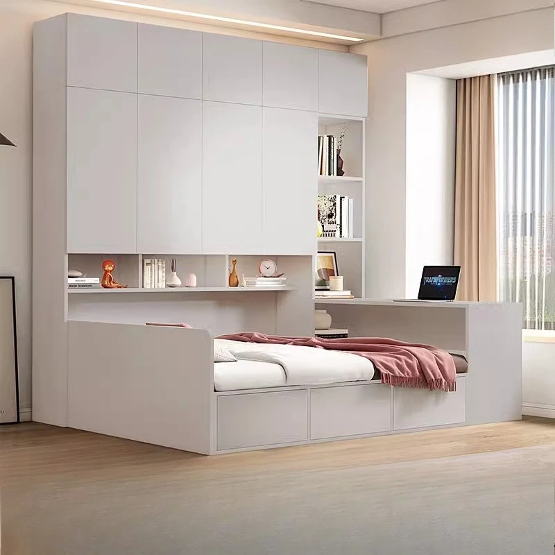 

wardrobe integrated small apartment bedroom w/ desk combination side cabinet bed integrated solid wood children's bed