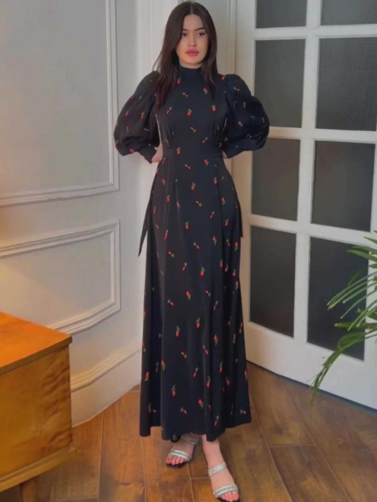 Retro Cherry Print Long Sve Dr Donna New Chinese Sle Satin Vita Cinching Dimagrante Lungo Dr Gentle Sle Primavera