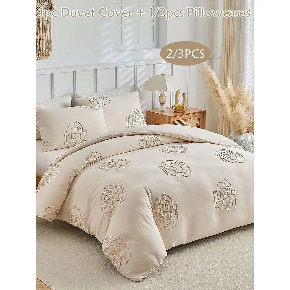

3pcs Khaki Rose Floral Pattern Polyester Duvet Cover Set, Bohemian Minimalist Style Polyester Duvet Cover Set Suitable For All