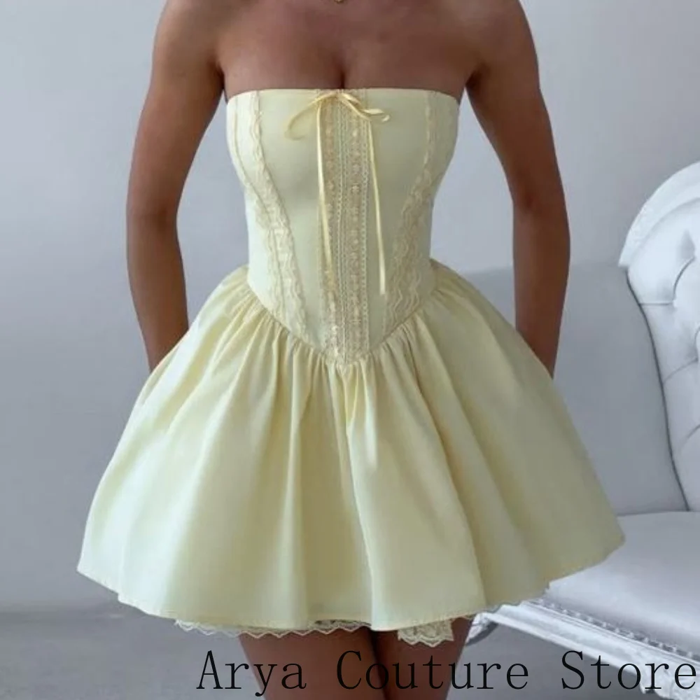 Homecoming Mini Dress Strapless Lace Stitch Corset Bodice Front Ribbon Bow Gathered Flare Skirt Lace Hem Cocktail Prom Dresses