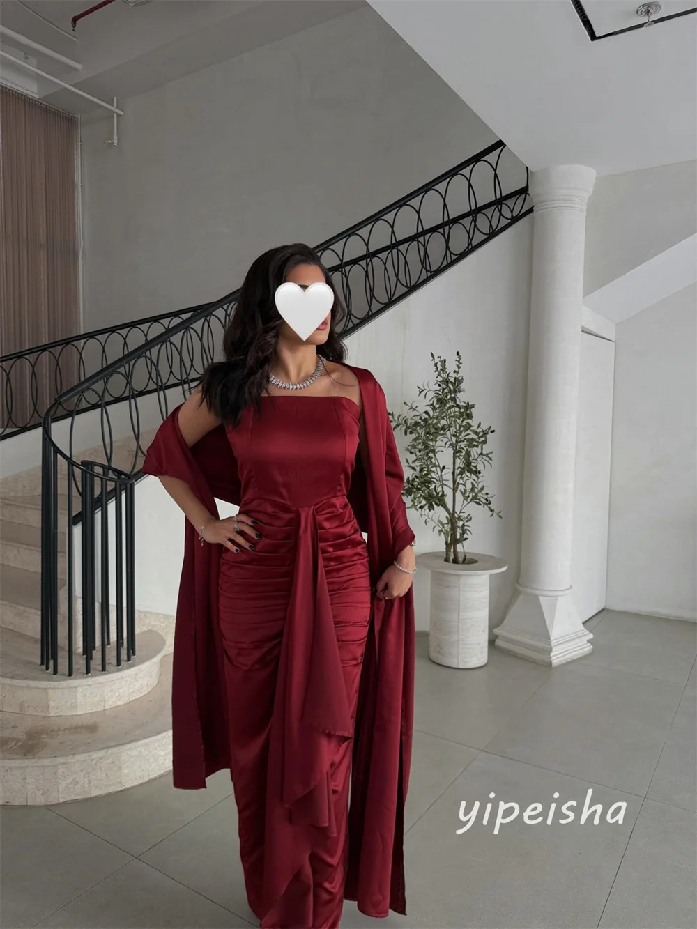 Customized Burgundy Pleat Ruched Draped Shawl Straight Strapless Long Dresses Evening Dresses Sizes Available High Quality