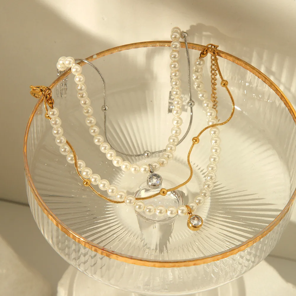 

Fashion Gold Silver Color Double Layer Snake Bone Chain Imitation Pearl Stainless Steel Bracelets for Women Temperament Jewelry