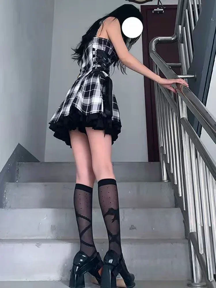 Plaid Print Kawaii Lolita Mini Dress Fairy Grunge Set Cosplay Gothic Y2k Dress Sweet Aesthetic Sets Sundress Cute Mall Dresses