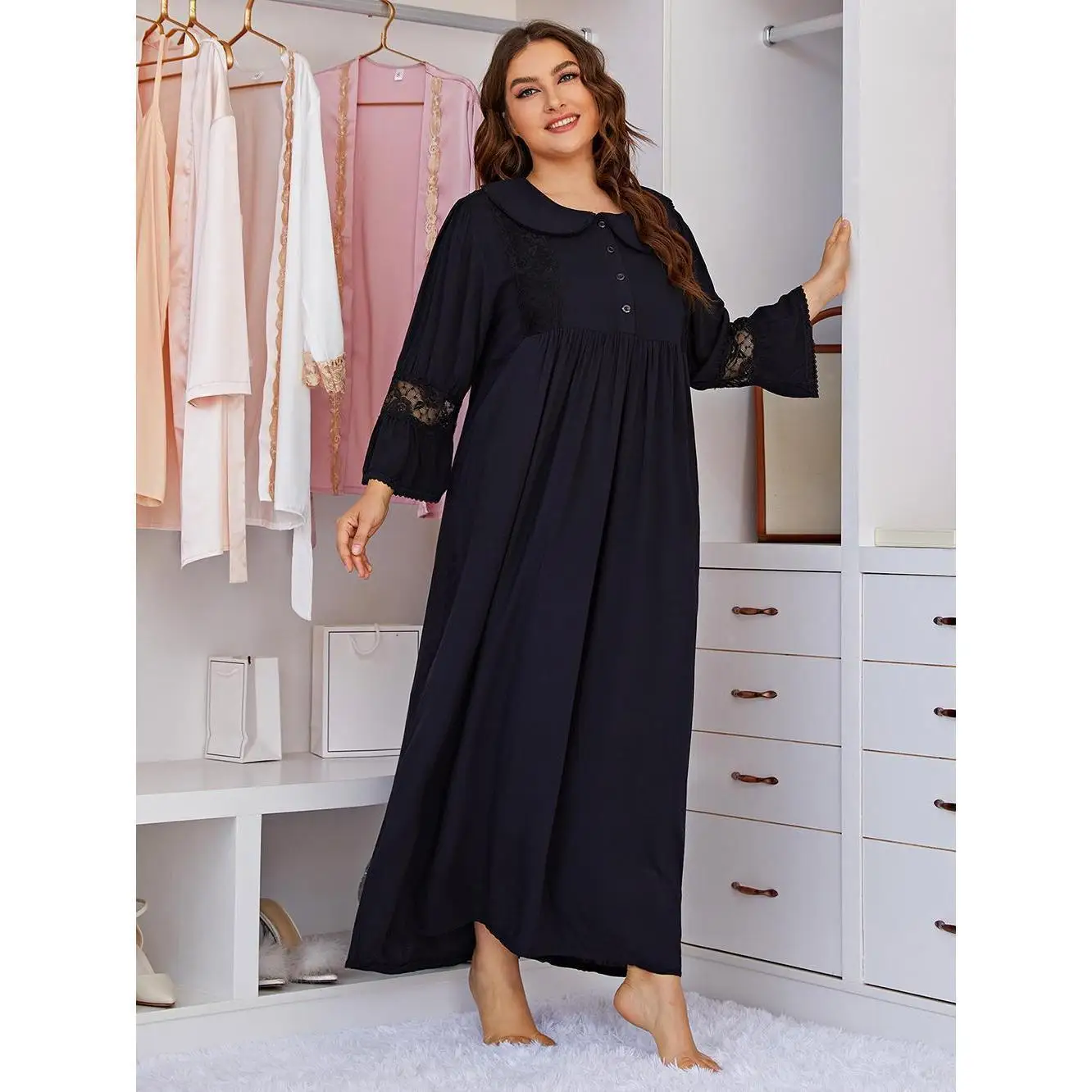 Europe and The United States Large Size Nightdress Women Long Sleeve Long Lace Simple Casual Home Dress Fat Mm Nightdress 4XL