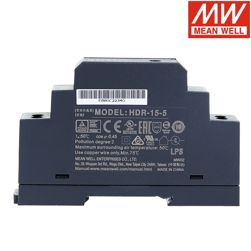 Mean Well HDR-15 DIN Rail Power Supply HDR-15-5 12 15 24 48V 15W 85-264VAC AC-DC Ultra Slim Industrial Switching Transformer