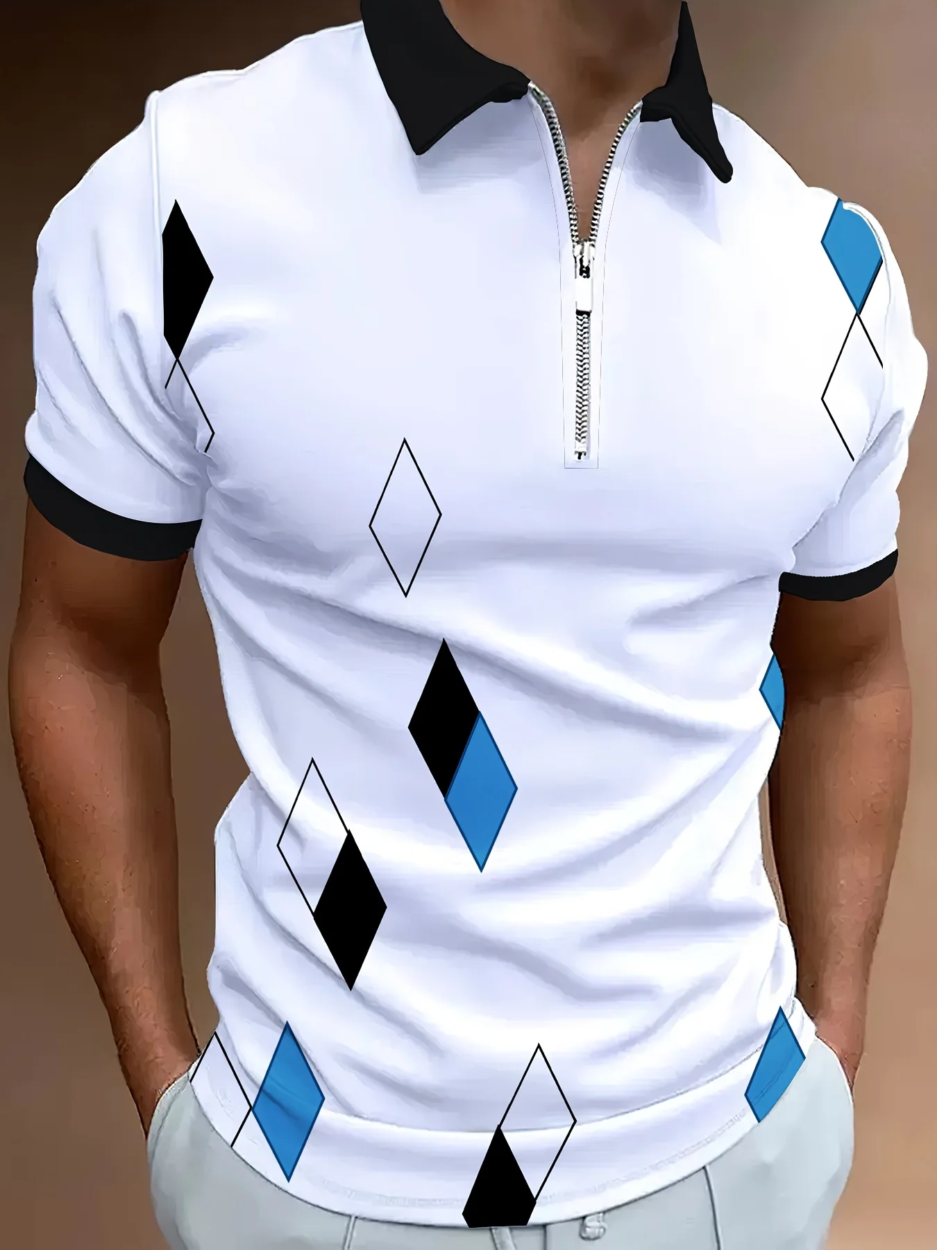 The 2025 Summer New Men's Zippered Short-Sleeved POLO Shirt Features a 3D Checkered Pattern Print for Street Casual Wear