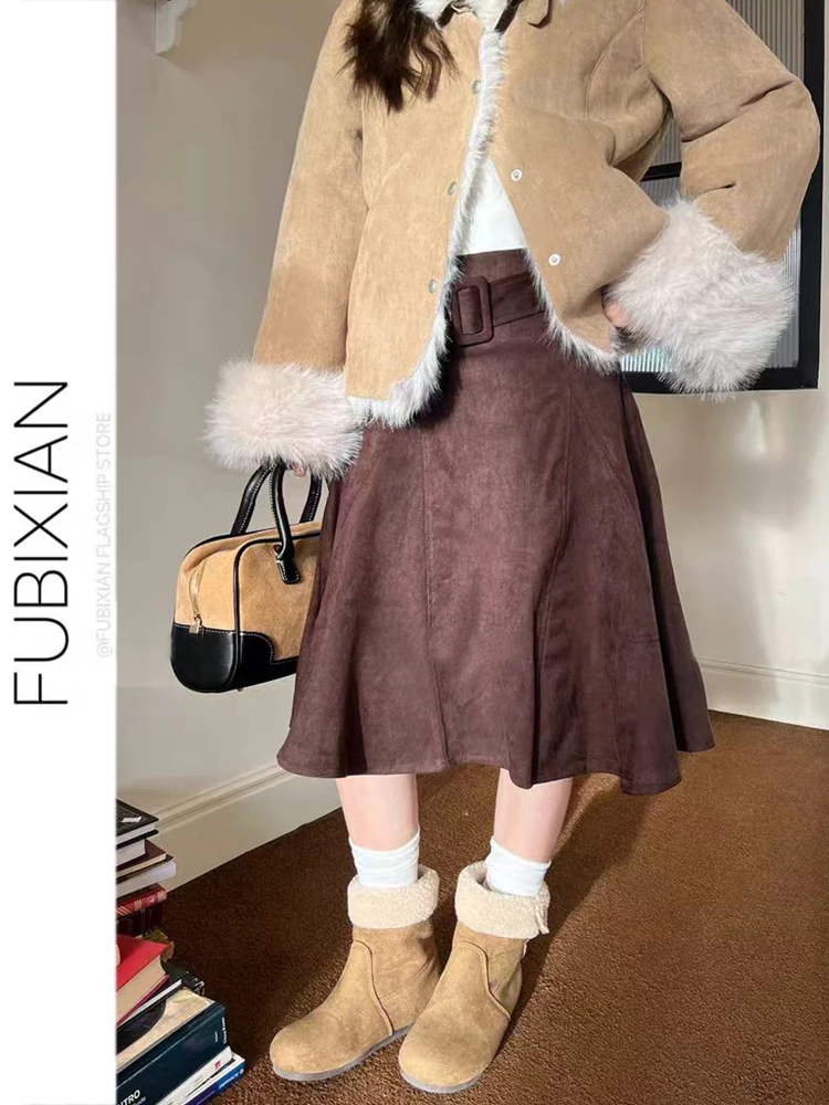 

Retro Suede f Skirt Women's High Waist Autumn Winter Coffee Color Floral Umbrella Skirt Girls' mid Waist Polyester Fiber
