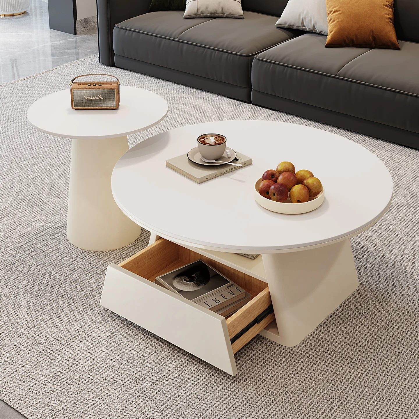Italian minimalist, round coffee table combination, living room household small apartment, rock slab coffee table 2