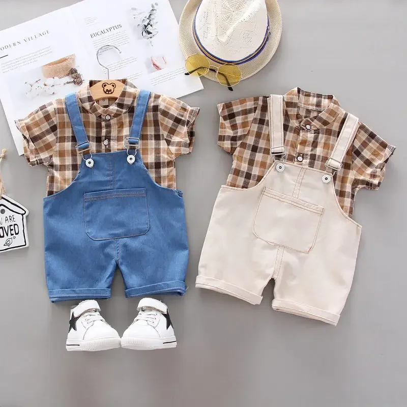 

Kids Cotton Clothes Summer Baby Boy Causal Printed Plaid Shirt Bib Pants 2Pcs/Sets Infant Children Fashion Toddler Tracksuits