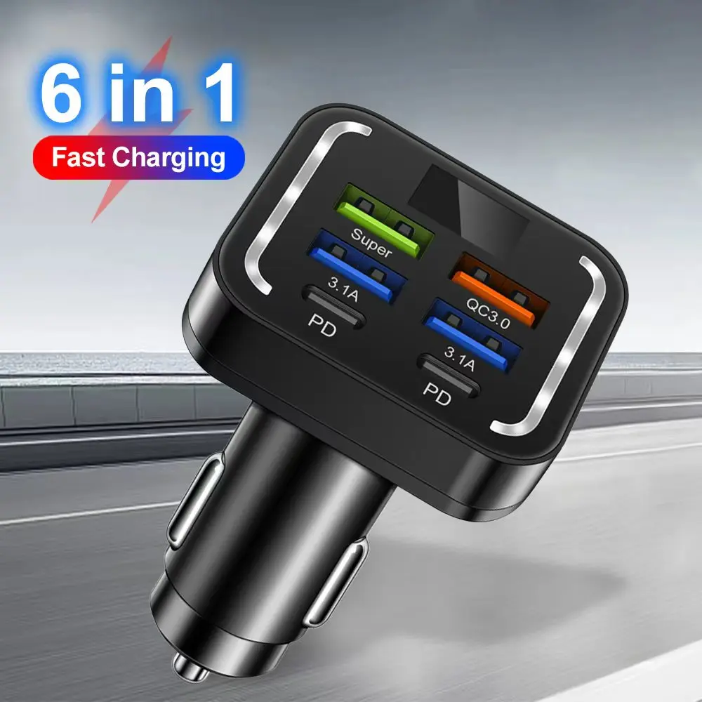 

Автомобильное зарядное устройство USB C 6 в 1, адаптер типа C в автомобиле для iPhone, Samsung, Huawei, Xiaomi, 6 портов, автомобильное зарядное устройство, быстрая зарядка