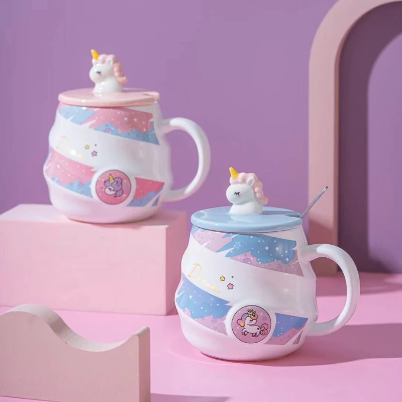 

JUSTINLAU 480ML Unicorn Rainbow Spiral Ceramic Coffee Cup with Spoon Home Milk Cup Juice Cup Creative Birthday Gift Tea Cup Set