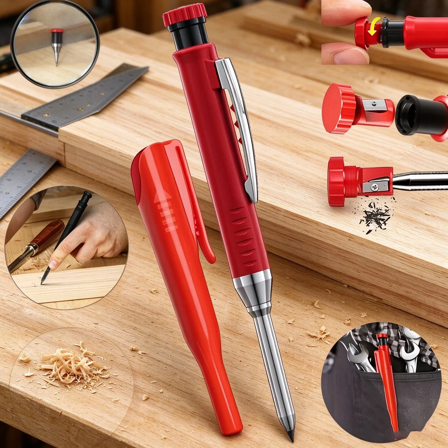 Mechanical Woodworking Pencil with Cap, 2.8mm Solid Lead, Deep Hole Marker for Architects & Carpentry